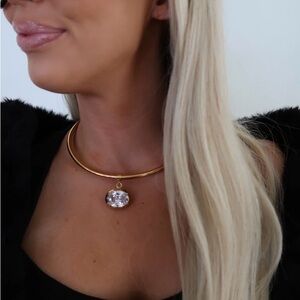 Gold Choker Necklace with Clear Crystal Pendant - Women Jewelry